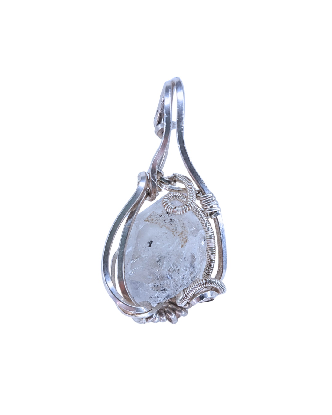 Herkimer Veil wire-wrapped pendant with a clear Herkimer diamond quartz crystal in curved sterling silver ribbons