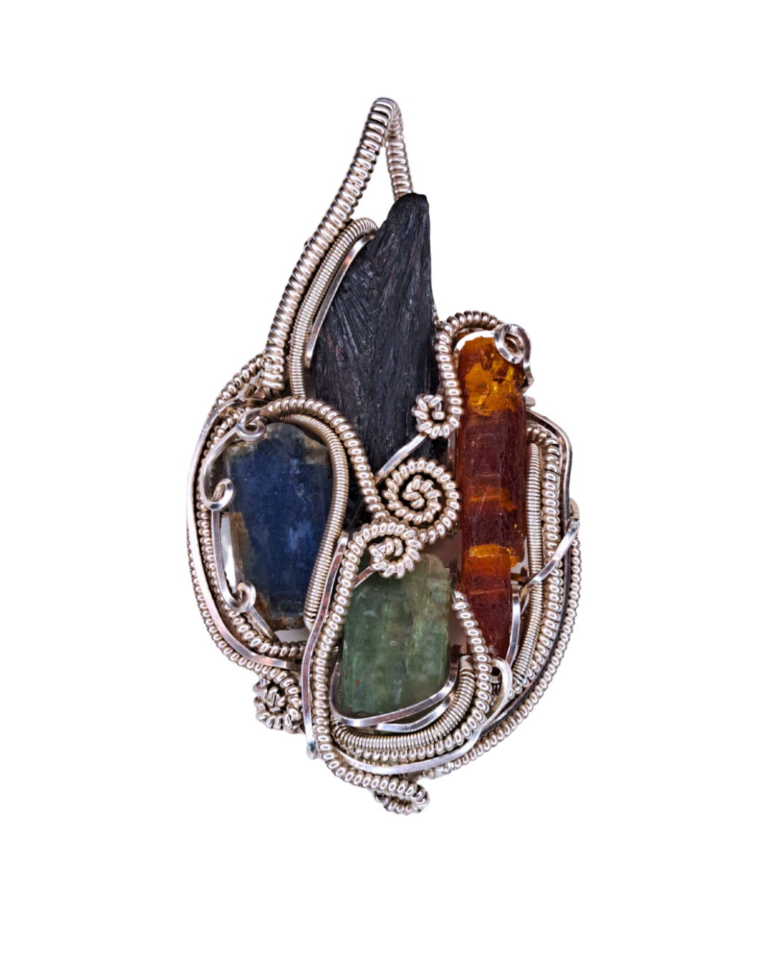 Kyanite Ember wire-wrapped pendant with black, blue, green and orange kyanite in flame-shaped sterling silver wire