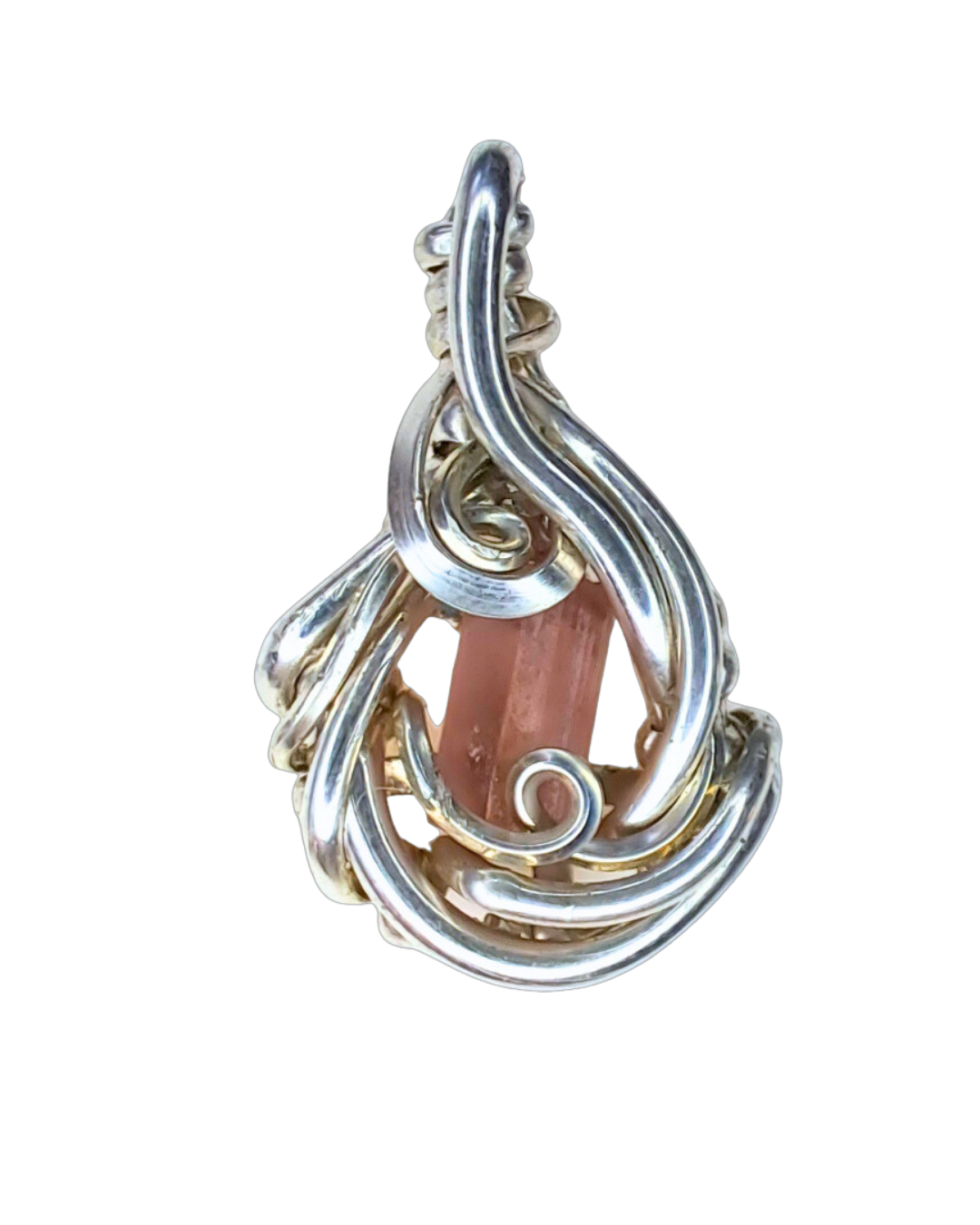 Pink Tourmaline Flame wire-wrapped pendant with a pink tourmaline crystal in sweeping silver and gold-fill wire