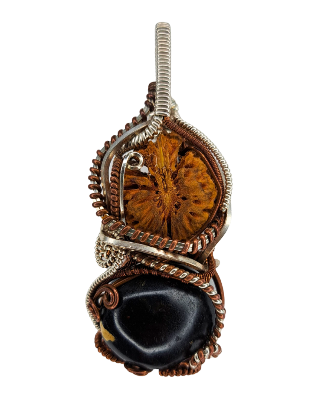 Peach Seed Totem wire-wrapped pendant with a carved peach seed and black jasper in sterling silver and copper wire