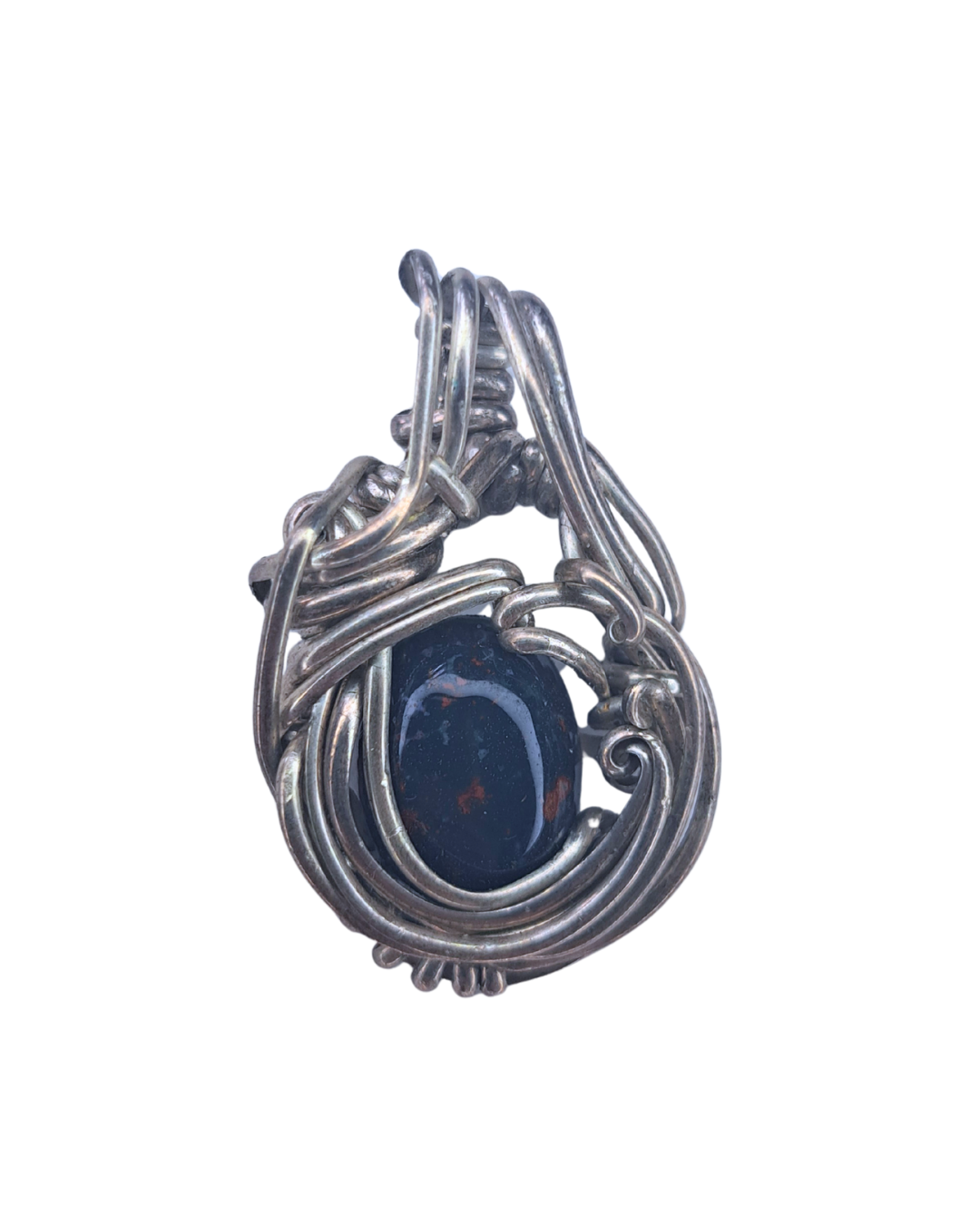 Bloodstone Coil wire-wrapped pendant with a dark green and red bloodstone cabochon in oxidised sterling silver coils