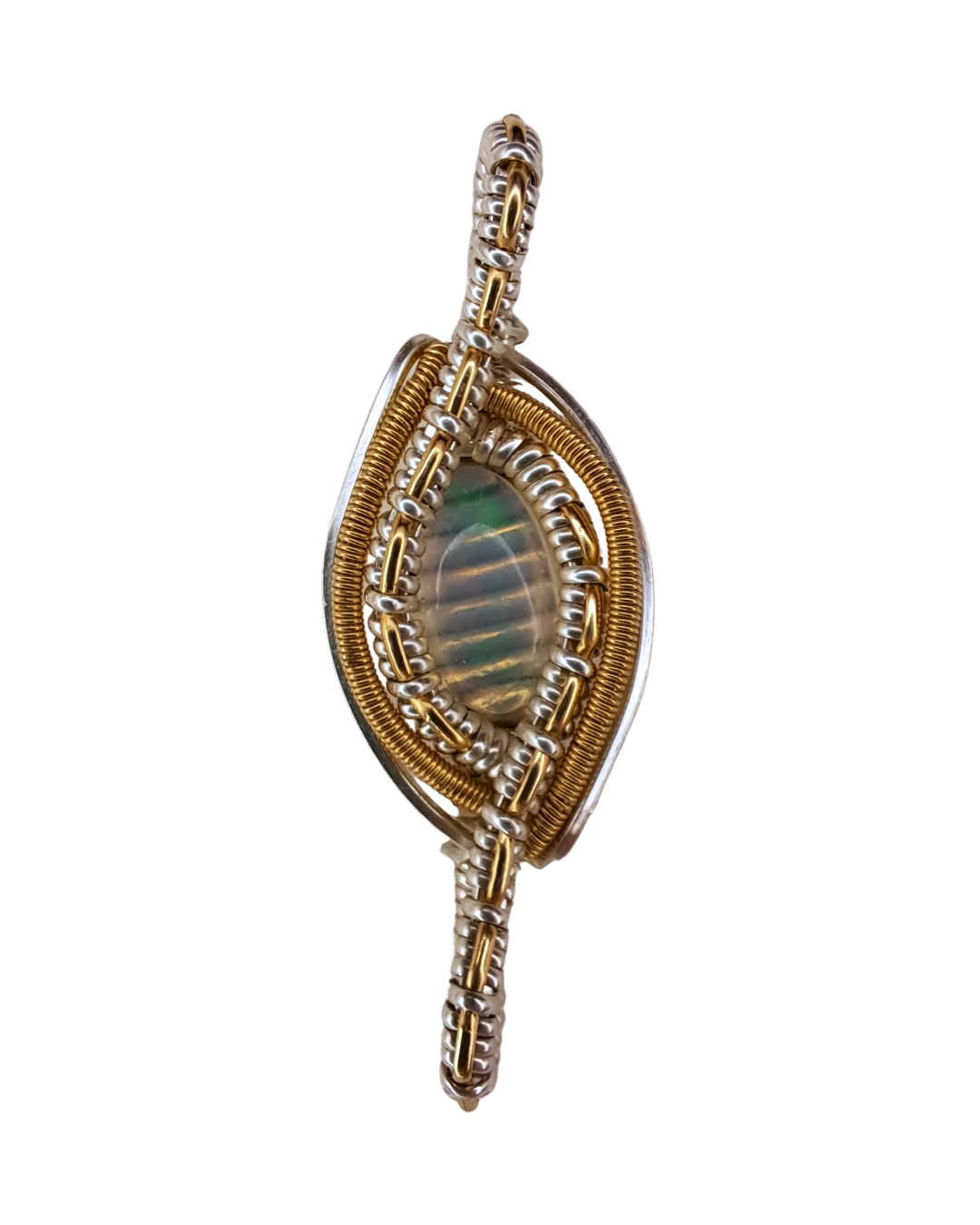 Opal Marquise wire-wrapped pendant with a flashing green and gold Welo opal in woven sterling silver and gold-fill wire