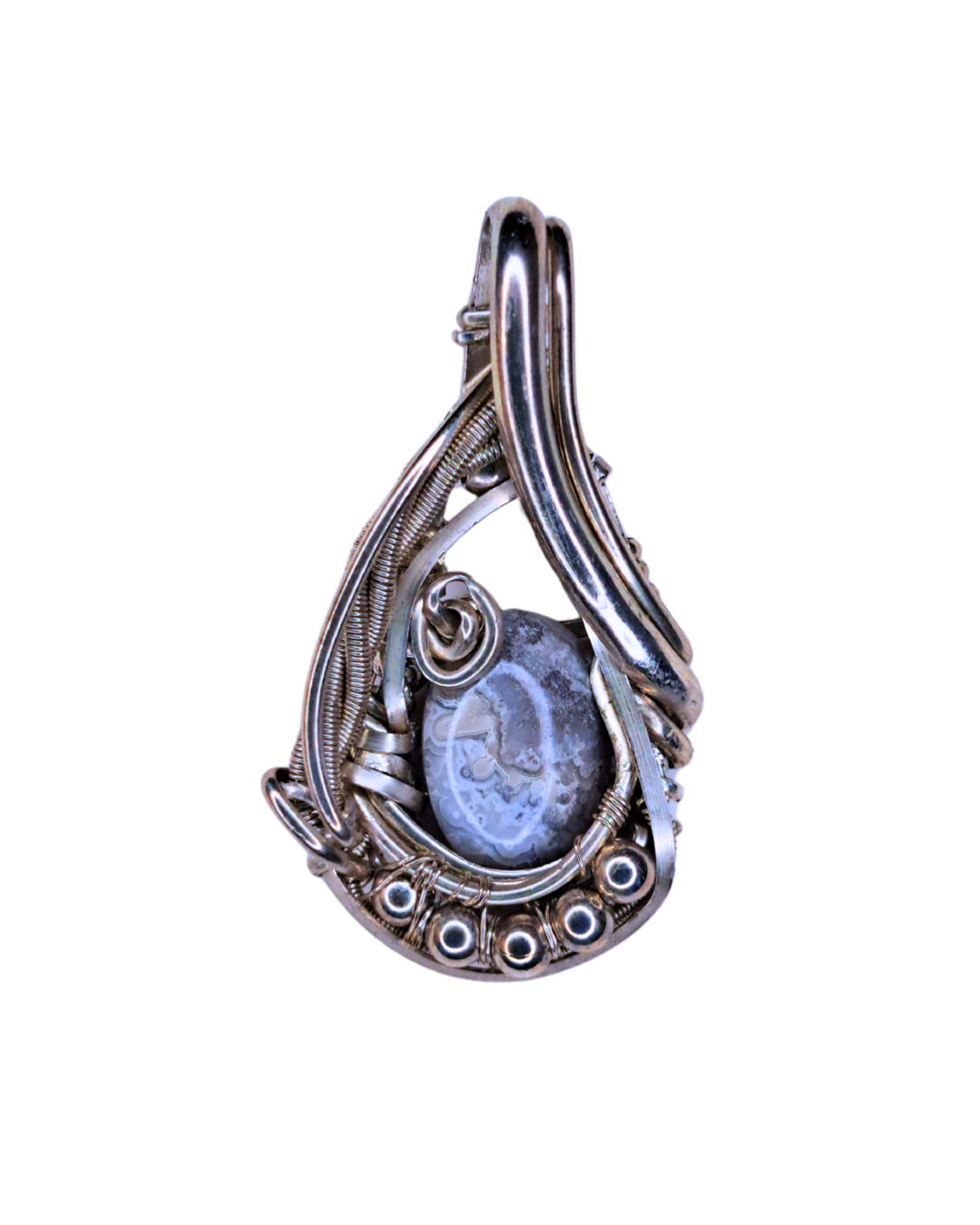 Wire-wrapped pendant with a grey patterned crazy lace agate cabochon in sculpted sterling silver
