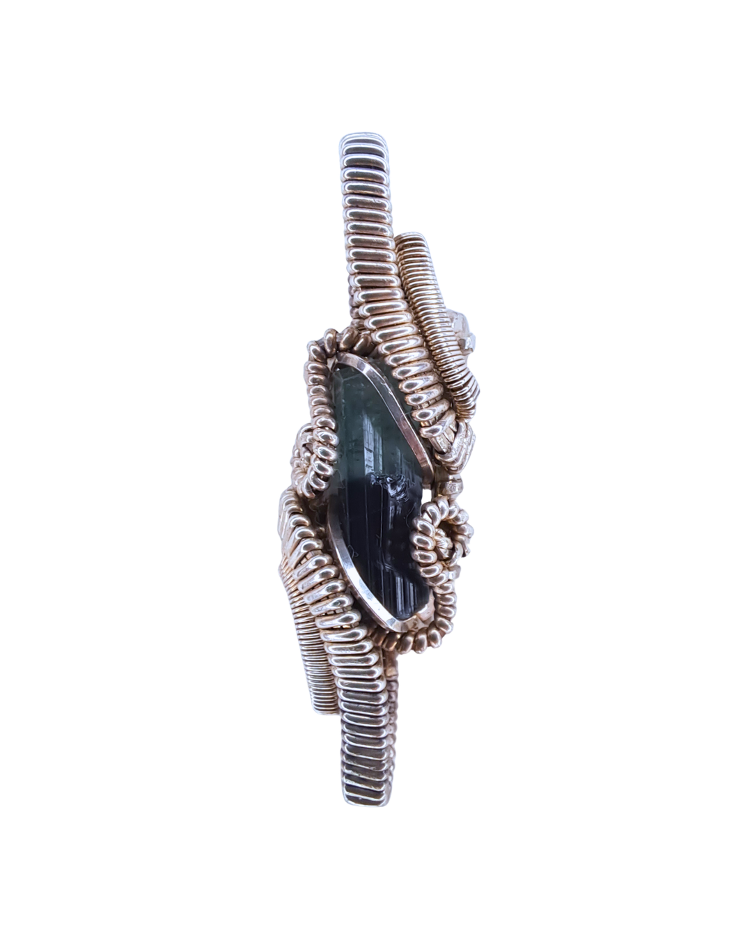 Tourmaline Coil pendant, wire-wrapped with a bi-colour blue tourmaline stone in densely coiled sterling silver and gold-fill wire