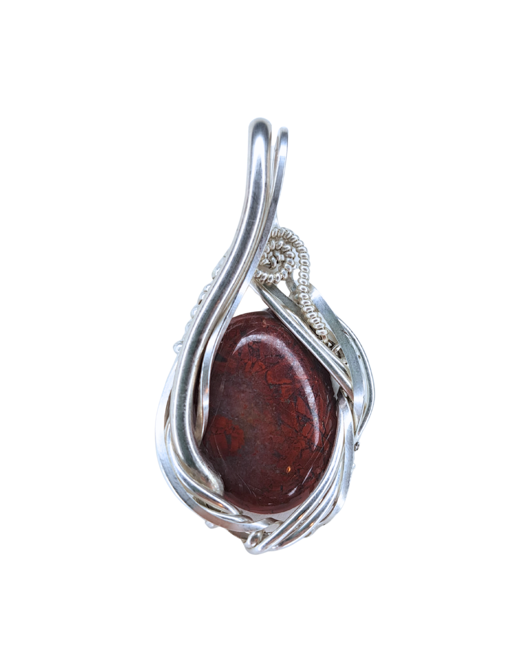 Brecciated Jasper Flame wire-wrapped pendant with a deep red brecciated jasper cabochon in sweeping sterling silver wire