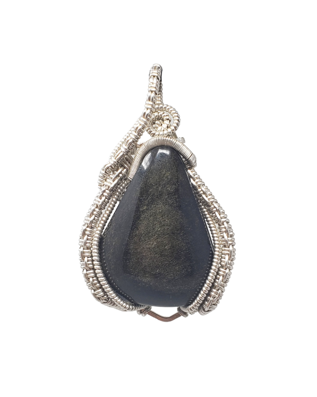 Sheen Obsidian Drop wire-wrapped pendant with a gold sheen black obsidian teardrop in densely woven sterling silver