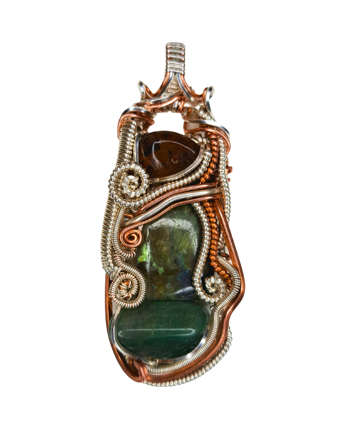 Labradorite Copper Tide wire-wrapped pendant with flashing labradorite, boulder opal and green aventurine in copper and sterling silver wire