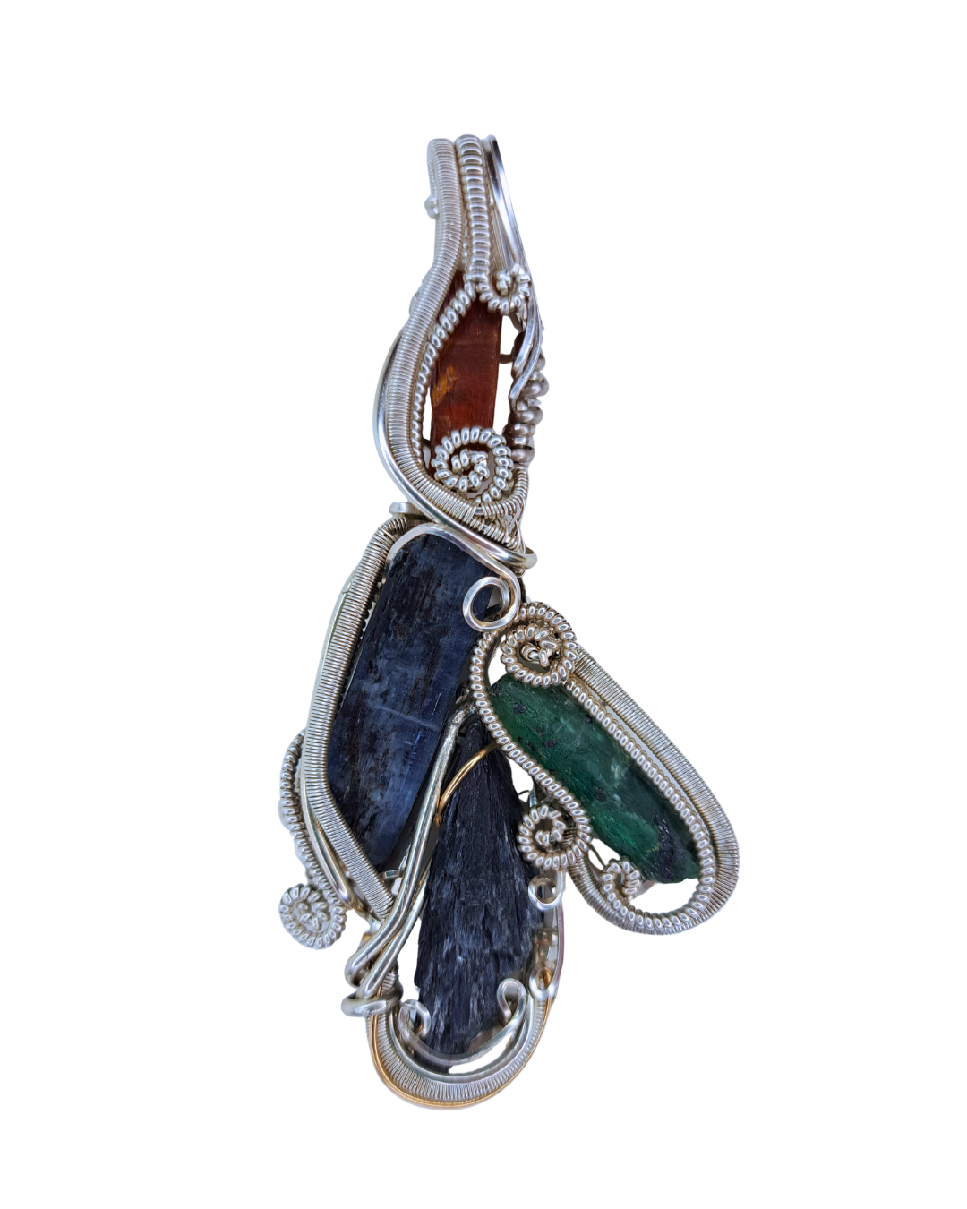 Kyanite Wing wire-wrapped pendant with orange, black, blue and green kyanite crystals in winged sterling silver wire
