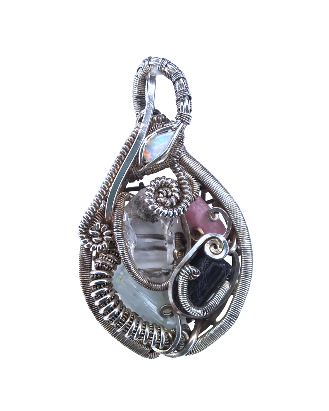 Opal Garden wire-wrapped pendant with opal, raw quartz, aquamarine, rhodonite and black tourmaline in coiled sterling silver