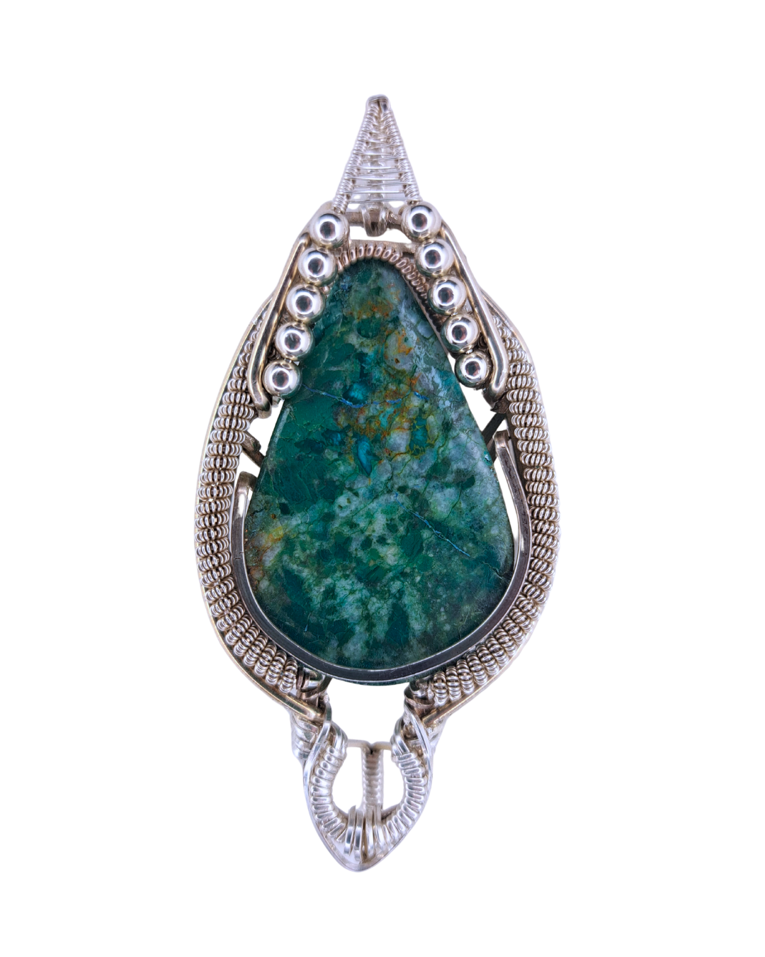 Chrysocolla Teardrop wire-wrapped pendant with a sea-green chrysocolla cabochon in beaded sterling silver coils