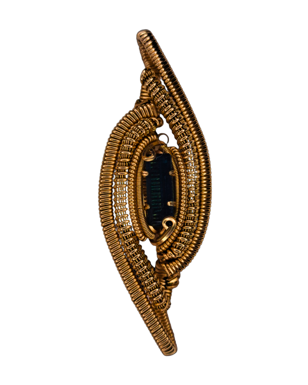 Indicolite Eye wire-wrapped pendant with a deep blue indicolite tourmaline crystal in a woven bronze and brass marquise frame