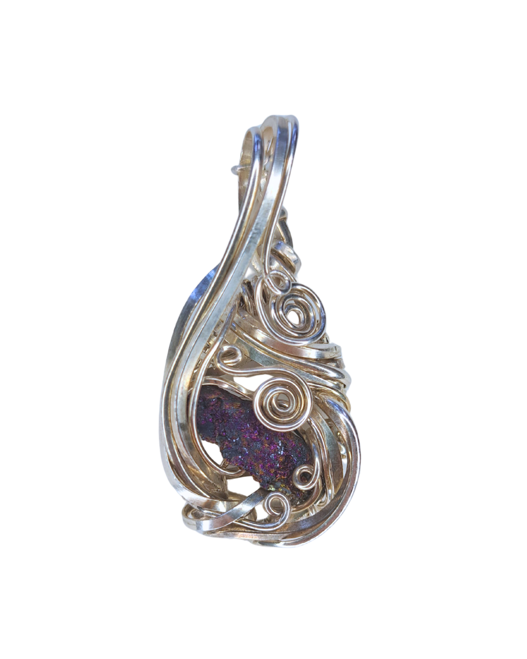 Chalcopyrite Current wire-wrapped pendant with an iridescent purple chalcopyrite stone in silver and gold-fill scrollwork