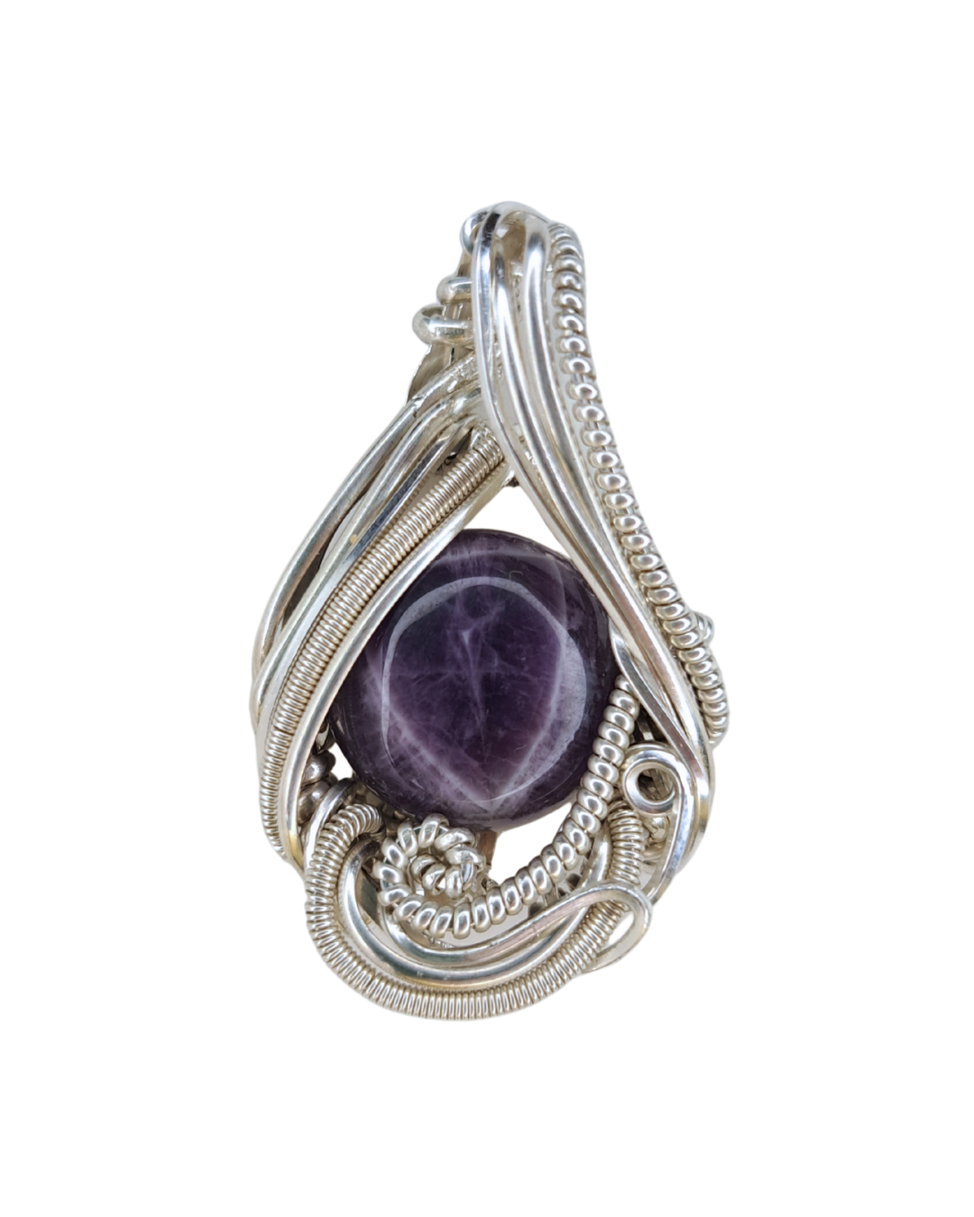 Chevron Amethyst Veil wire-wrapped pendant with a banded purple chevron amethyst cabochon in sweeping sterling silver wire