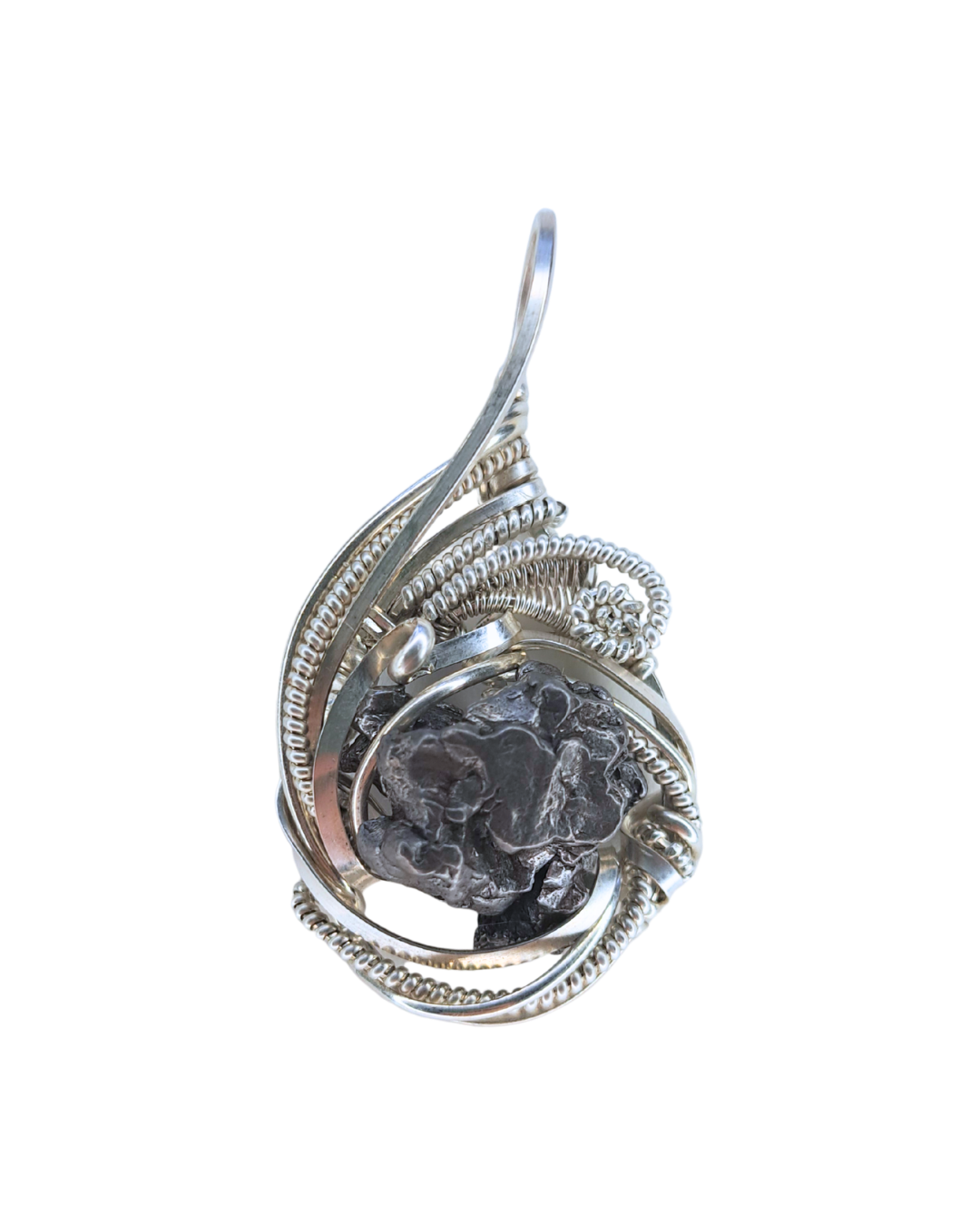 Meteorite Orbit wire-wrapped pendant with an iron meteorite fragment ringed by coiled sterling silver