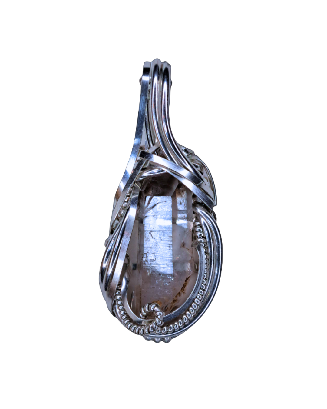 Lodolite Window wire-wrapped pendant with a clear lodolite garden quartz crystal in beaded sterling silver bands