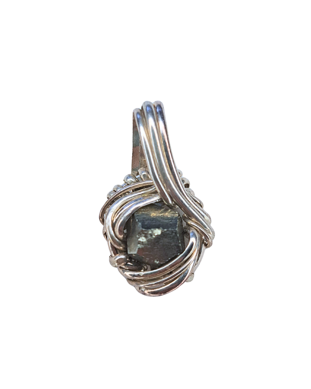 Pyrite Cube wire-wrapped pendant with a natural cubic pyrite crystal in looping sterling silver wire