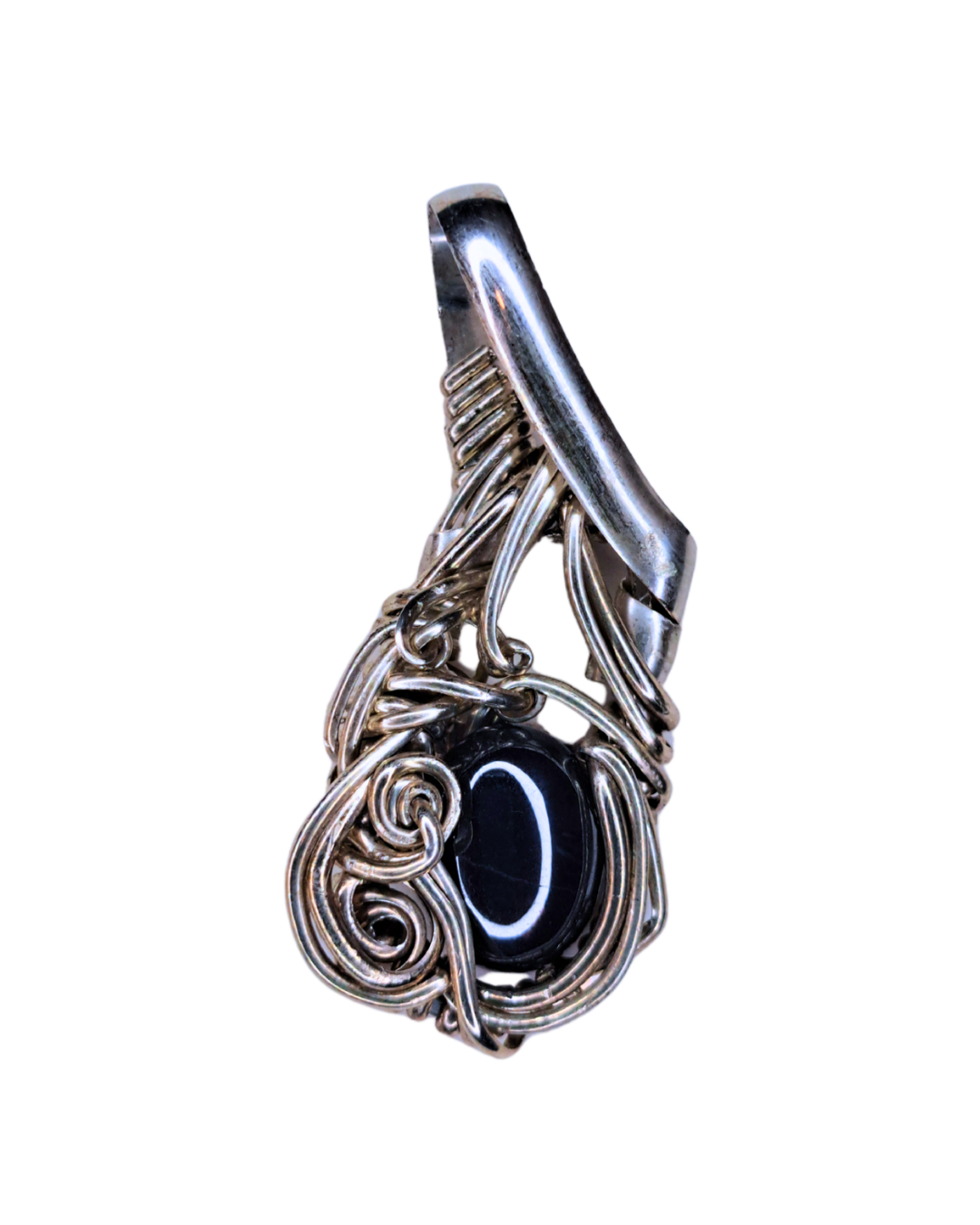 Wire-wrapped pendant with a banded black onyx stone surrounded by freeform sterling silver spirals