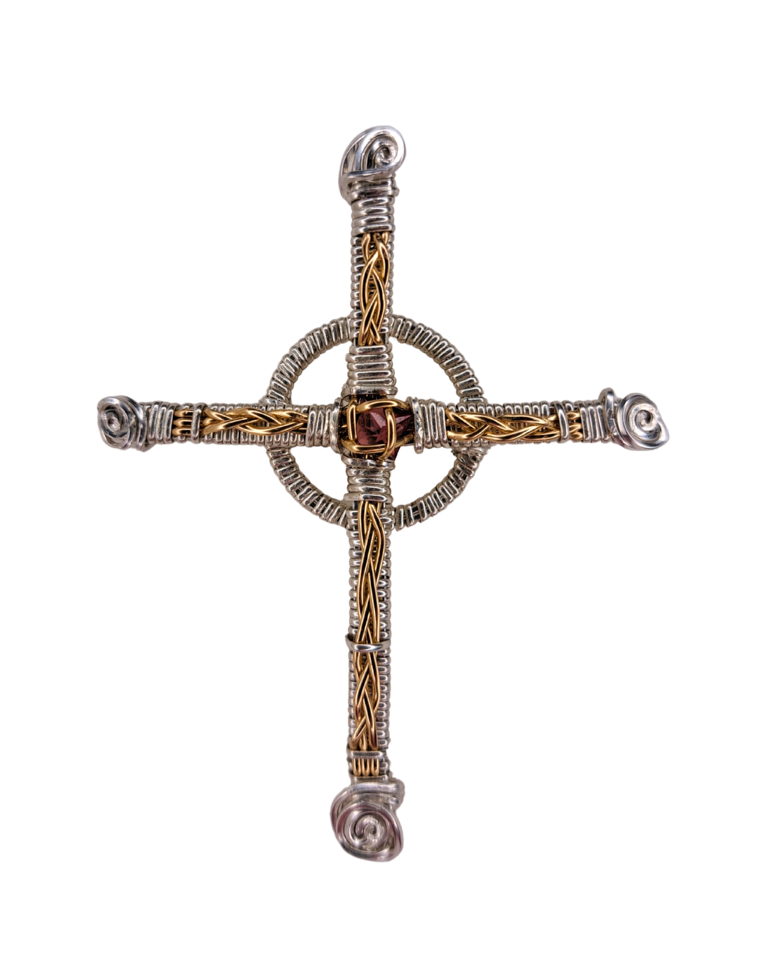 Garnet Cross wire-wrapped pendant with a faceted red garnet in braided sterling silver and gold-fill wire