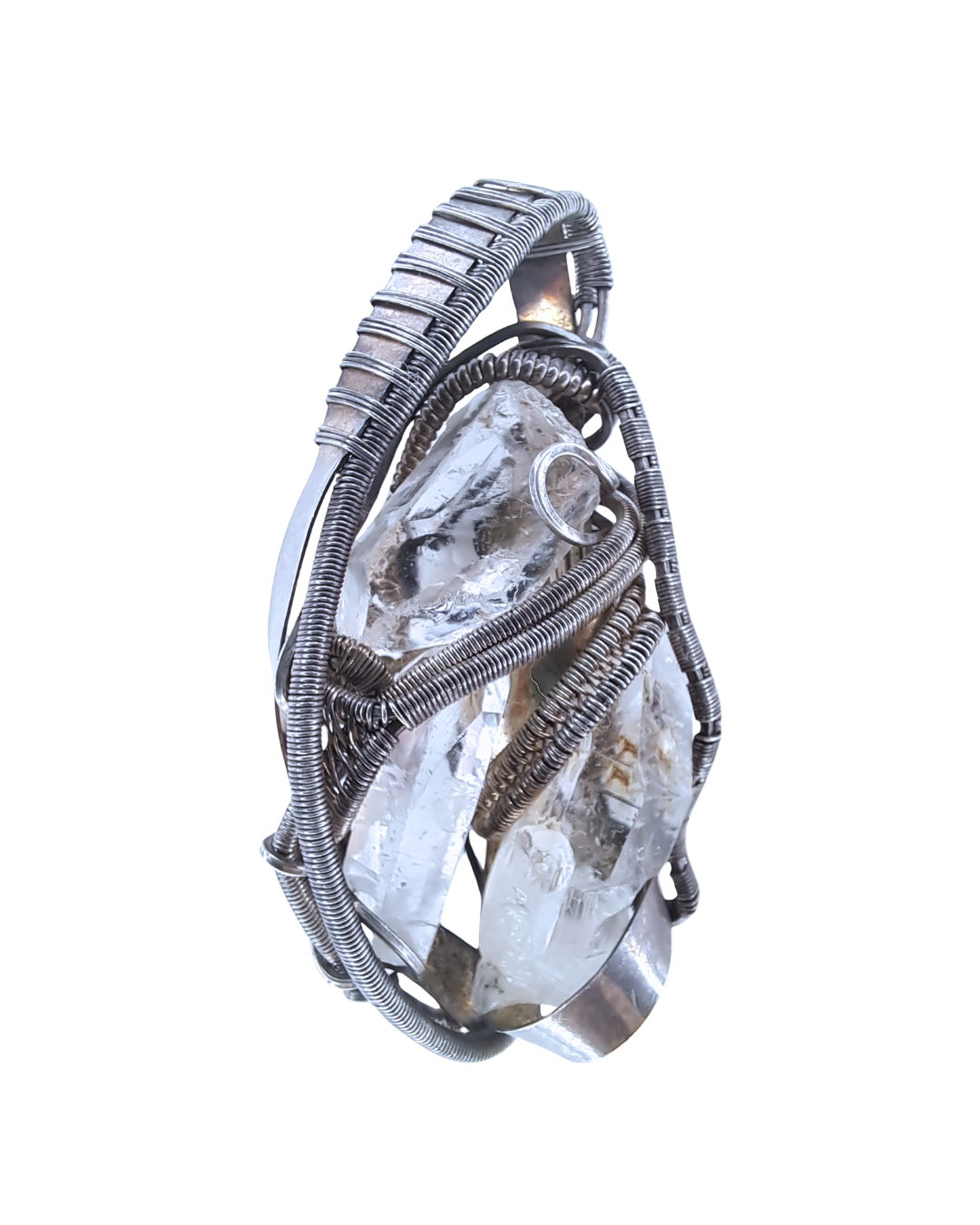 Quartz Reliquary wire-wrapped pendant with clustered raw quartz points in an oxidised sterling silver woven cage