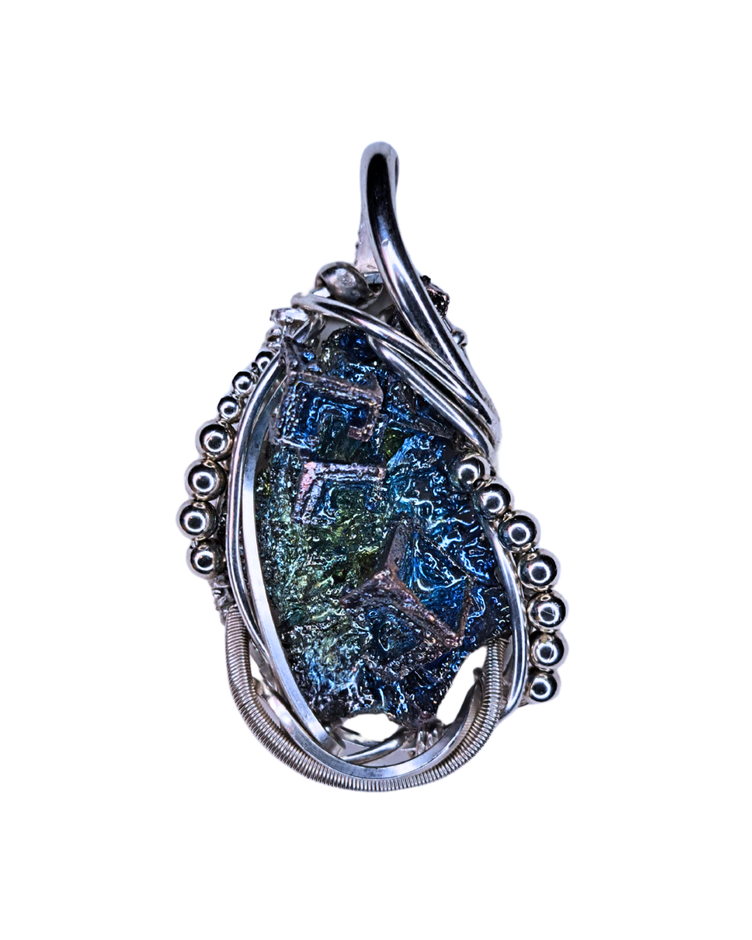 Bismuth Prism wire-wrapped pendant with an iridescent blue and green bismuth crystal in beaded sterling silver
