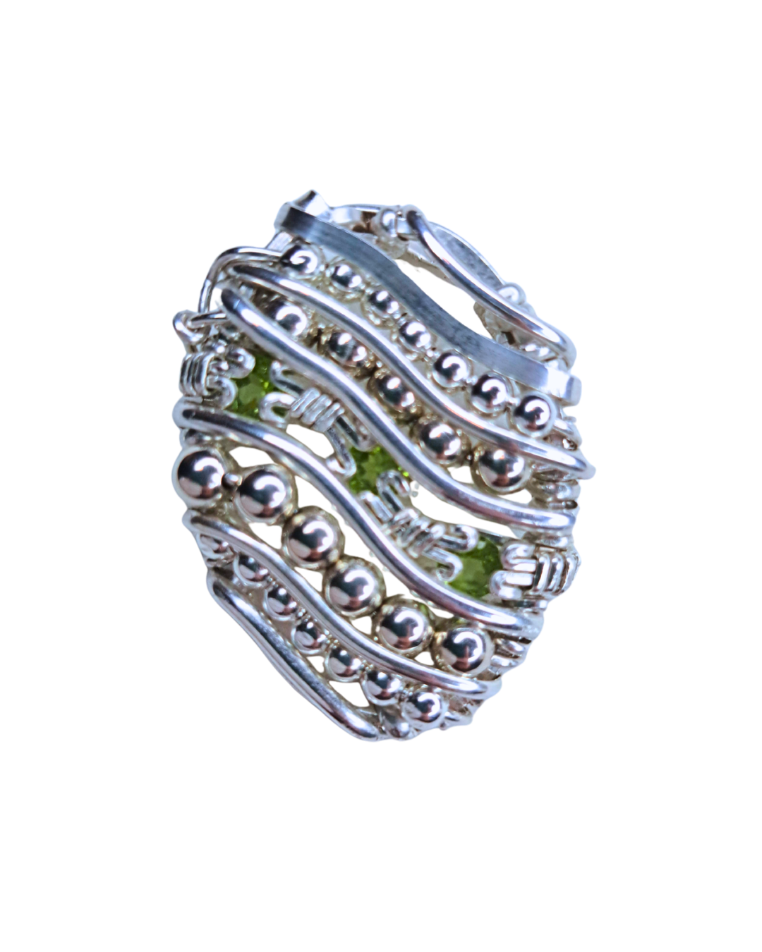 Peridot Wave wire-wrapped pendant with stacked sterling silver wave bands, beadwork, and green peridot
