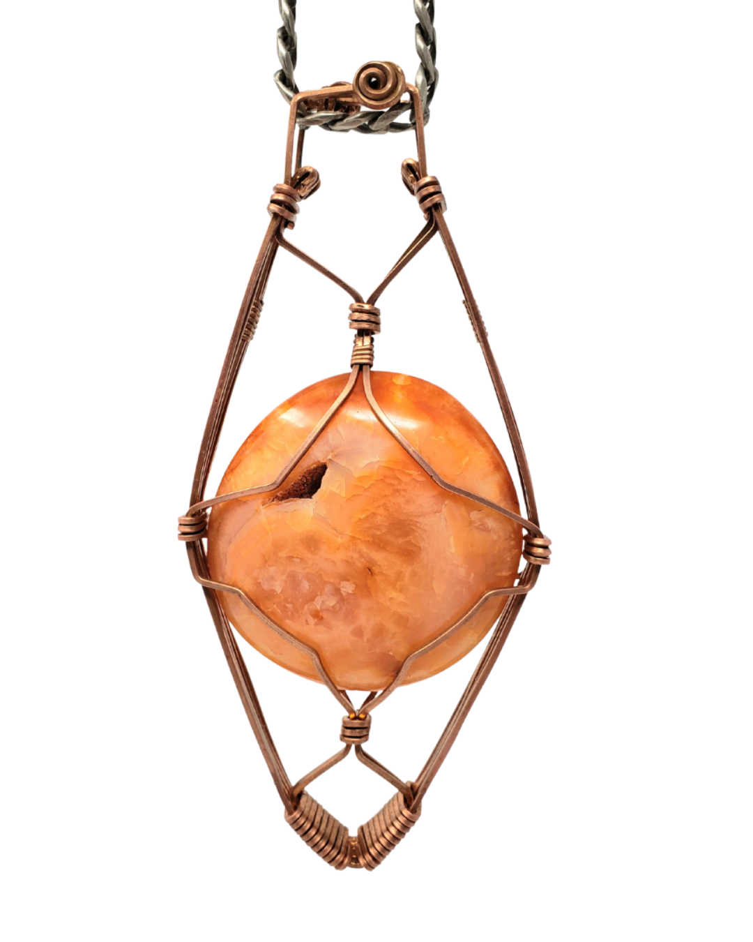 Jumbo Carnelian wire-wrapped pendant with an oversized glowing orange carnelian druzy disc in an open copper and sterling silver frame