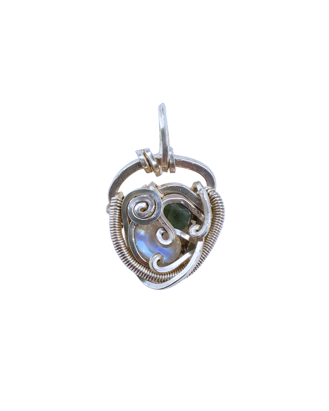 Moonstone Scroll wire-wrapped pendant with a blue-flash rainbow moonstone and green garnet in silver and gold-fill scrollwork