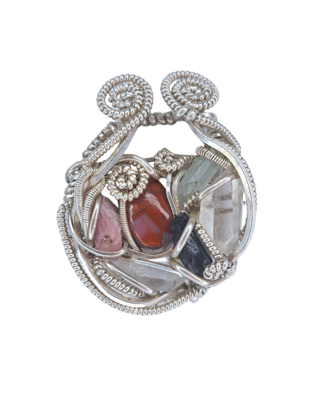 Cairn Cluster wire-wrapped pendant with rhodonite, carnelian, aquamarine, quartz and black tourmaline in coiled sterling silver