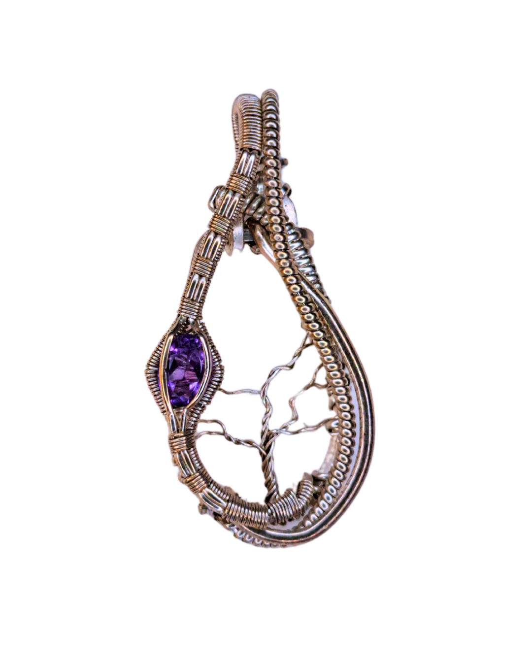 Teardrop wire-wrapped pendant with a purple faceted amethyst and a hand-twisted wire tree of life
