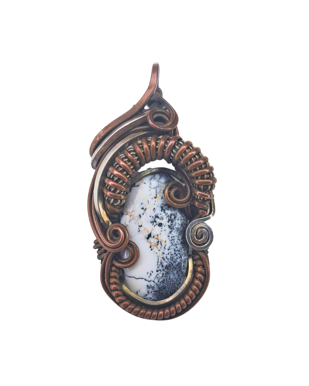 Dendritic Bloom wire-wrapped pendant with a white and black dendritic opal in woven copper and brass wire
