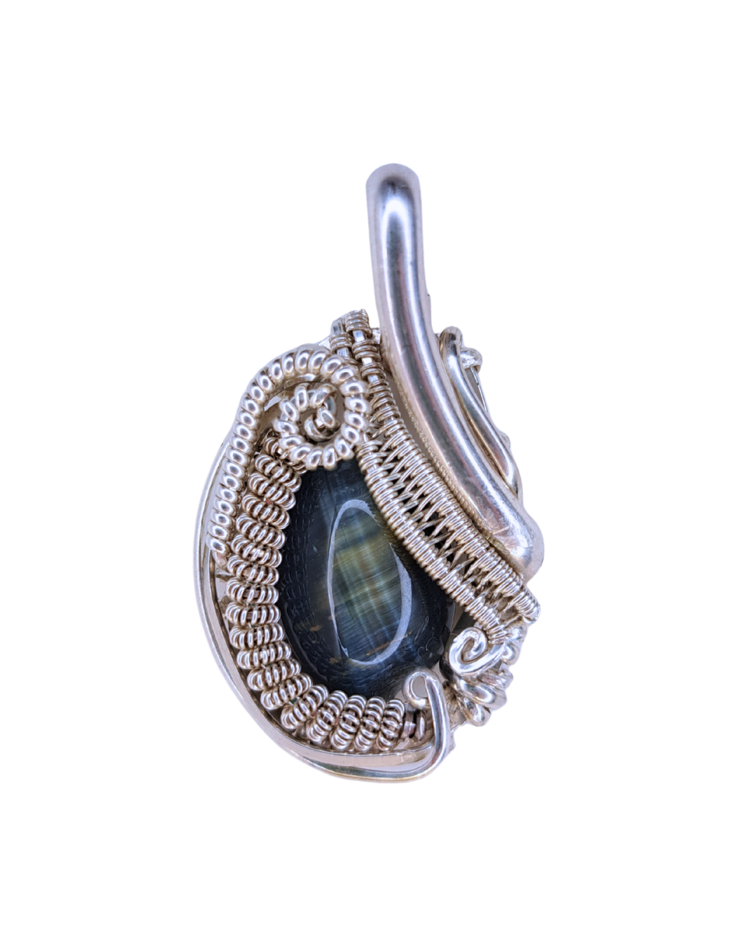 Blue Tiger's Eye Swell wire-wrapped pendant with a chatoyant blue-grey blue tiger's eye cabochon in coiled sterling silver