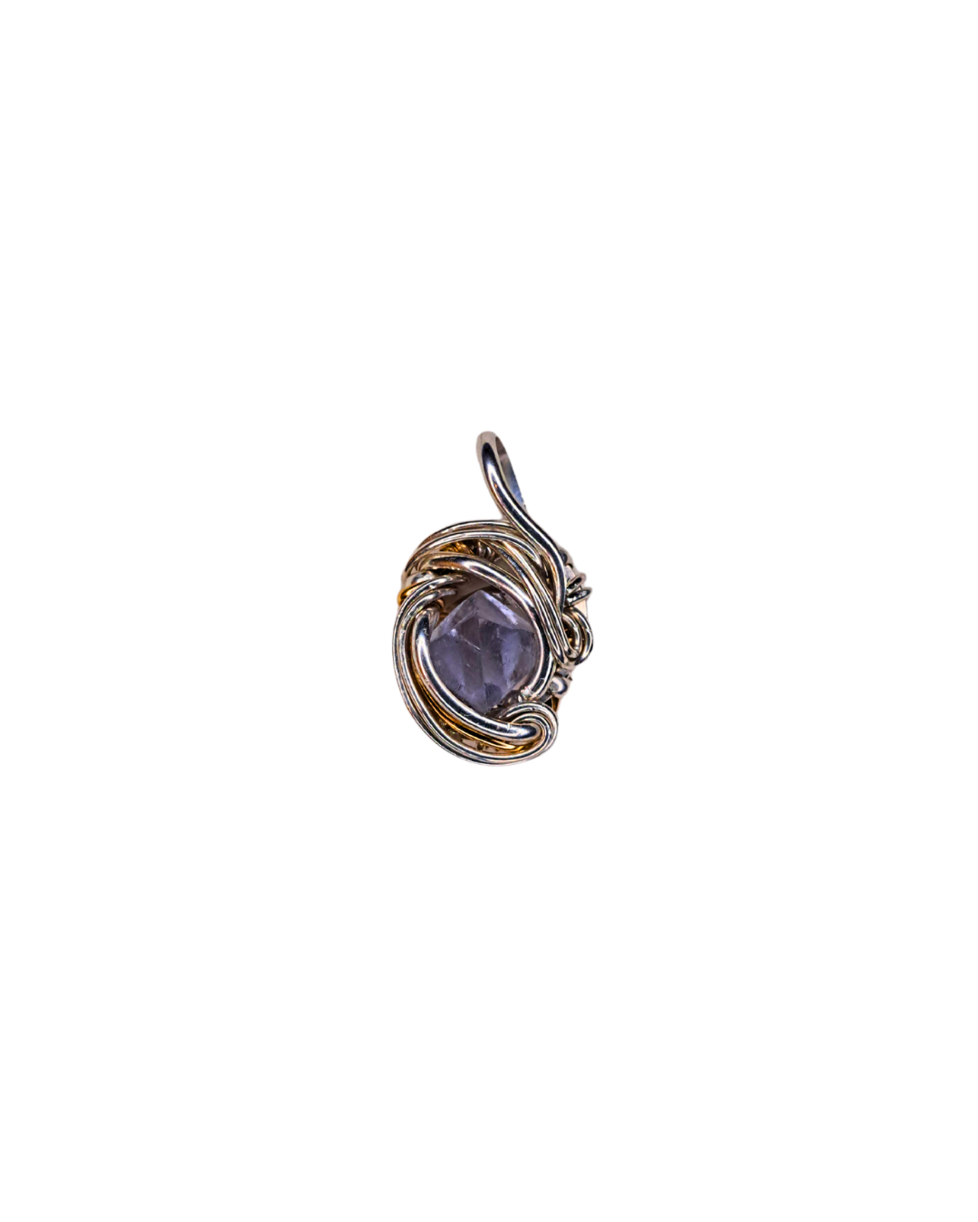 Fluorite Knot wire-wrapped pendant with a faceted purple fluorite in sterling silver and gold-fill wire